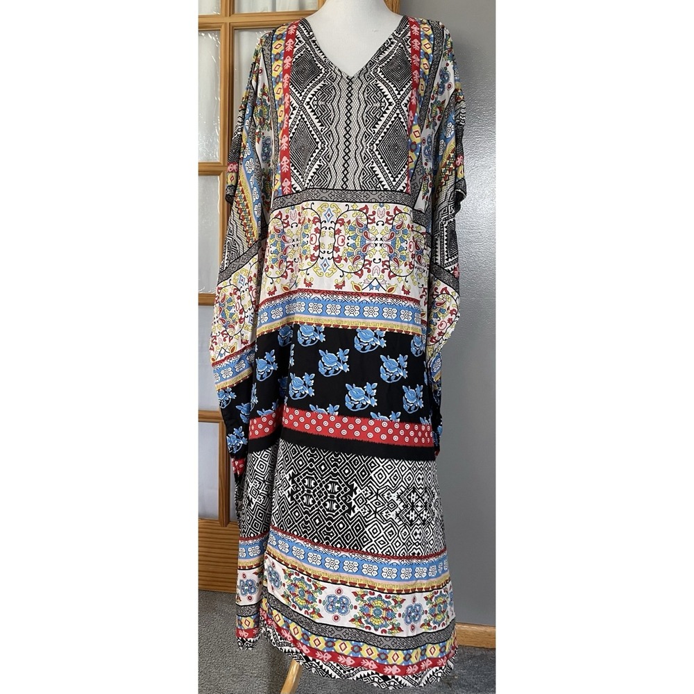 Gypsie Blu Kaftan Maxi Dress OS Mix Pattern Blue Red Beach Psychedelic Country